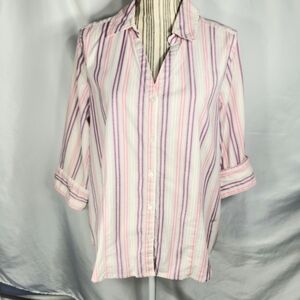 Studio Works Wrinkle Free White Pink Purple Stripe V Neck Top Plus Size 1X